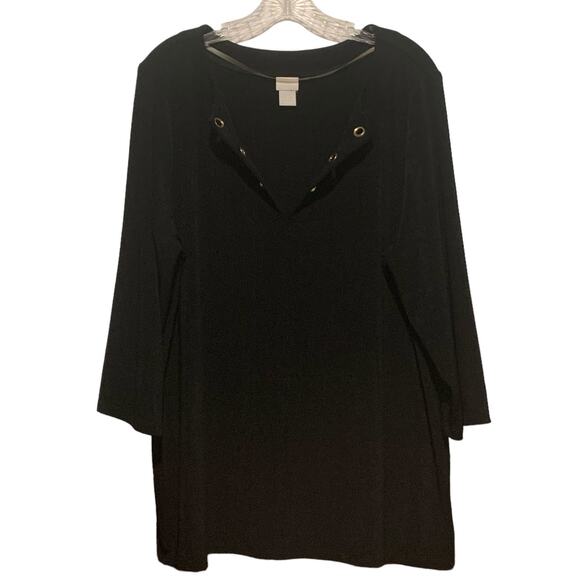 CHICO'S Travelers Top Sz 3 16 / 18 Grommets Black Slinky Split-Neck 3/4 Sleeves - Picture 1 of 8